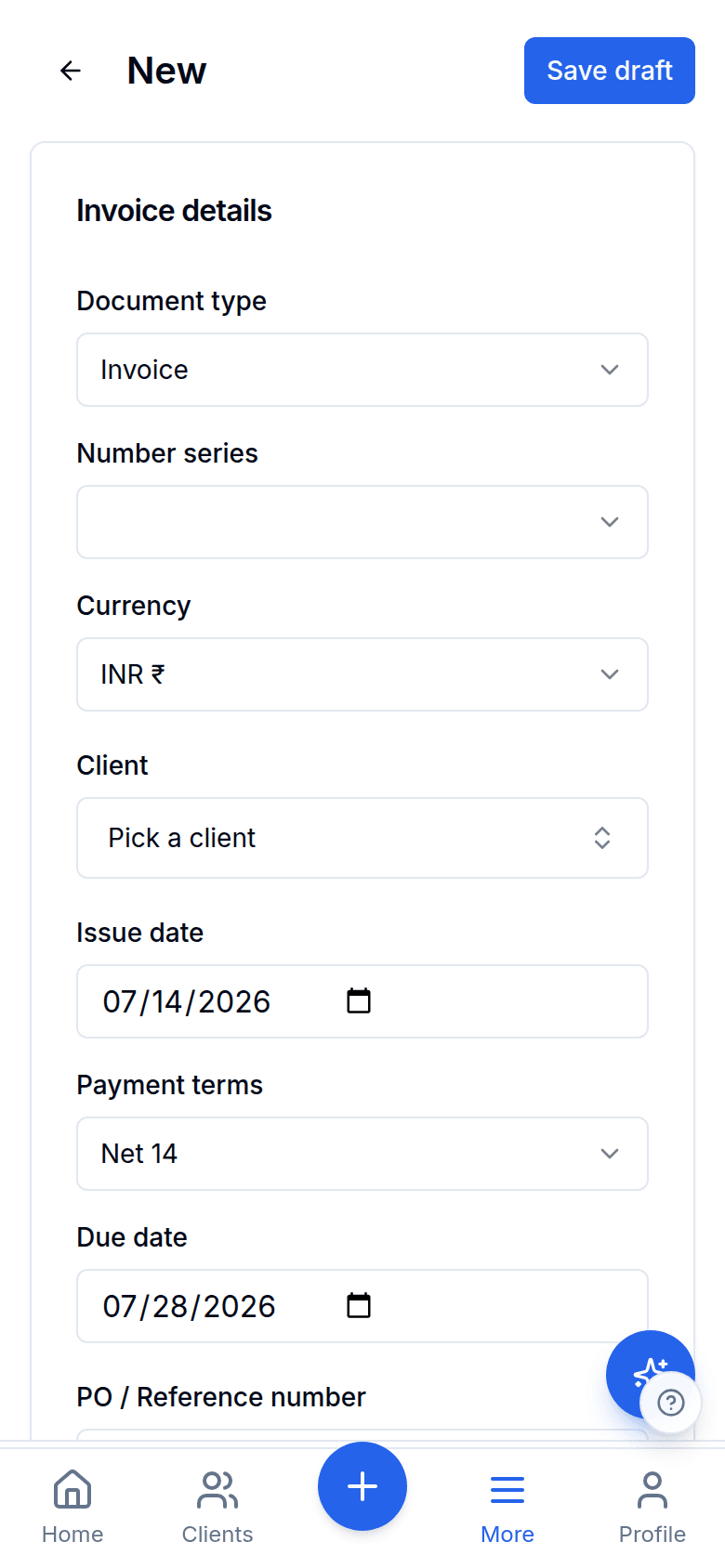 New invoice form with number series, currency, client and payment terms